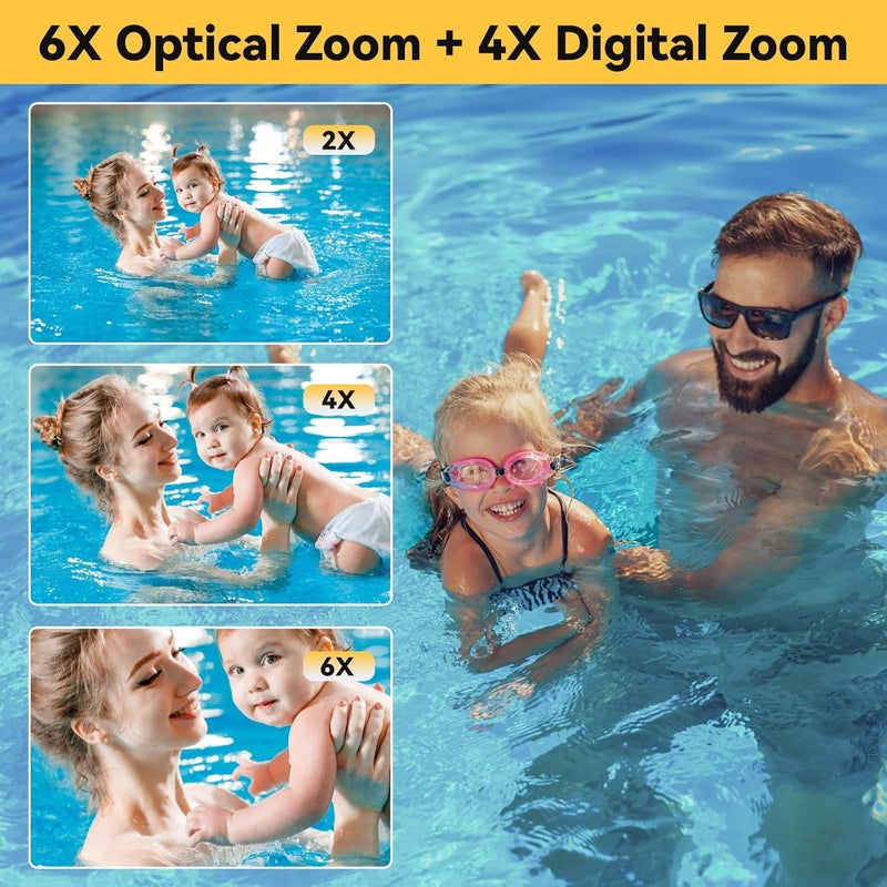 Focusify Underwater Camera, 2.7K 56MP 33FT Waterproof Digital Camera with 6X Optical Zoom & 4X Digital Zoom 2.8" IPS Screen, Ideal for Snorkeling, Swimming and Outdoor Adventures with 32G Card - Image 4